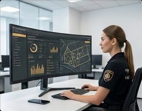 Специалист за рабочим местом с экраном мониторинга инфраструктуры