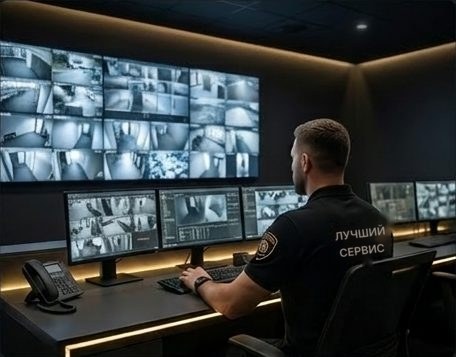 Оператор в диспетчерской перед стеной мониторов видеонаблюдения